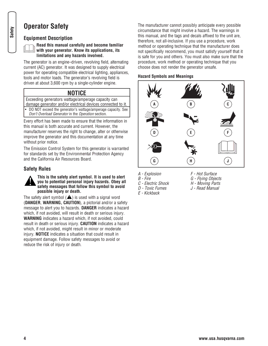 Husqvarna 420 GN Operator Safety, Equipment Description, Safety Rules, Safety alert symbol is used with a signal word 