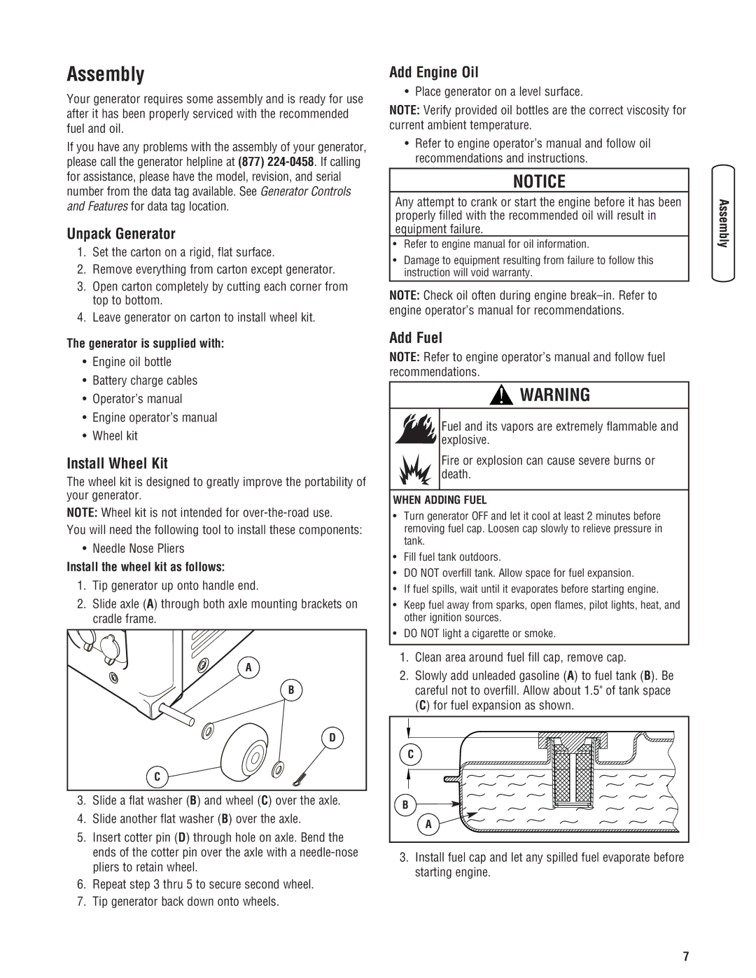 Husqvarna 420 GN manual Assembly, Unpack Generator, Install Wheel Kit, Add Engine Oil, Add Fuel 