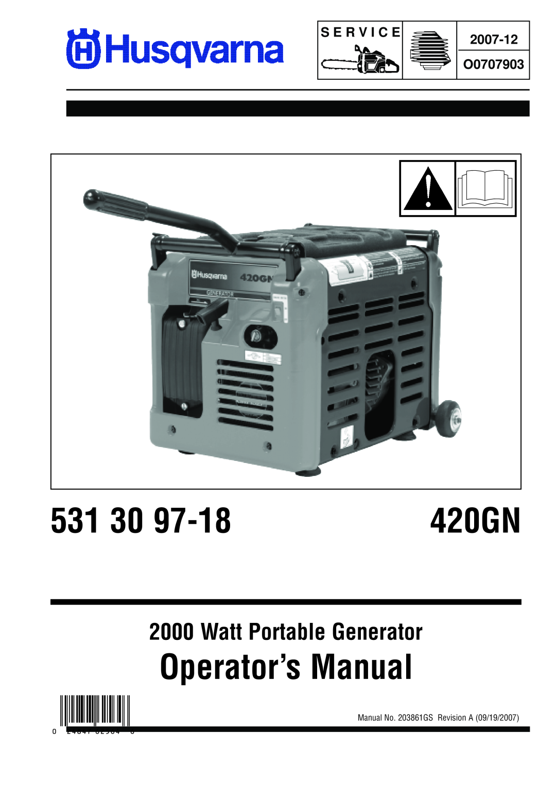 Husqvarna 420 GN manual Watt Portable Generator, 2007-12 O0707903, Operator’s Manual, 531 30, 420GN, S E R V I C E 