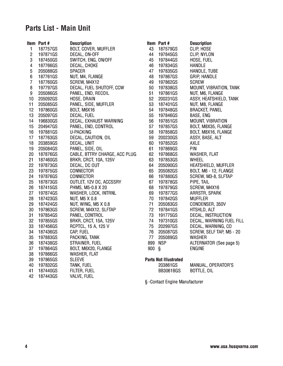 Husqvarna 420 GN Parts List - Main Unit, Mount, Vibration, Tank, Assy, Heatshield, Tank, Cable, Bttry Charge, Acc Plug 