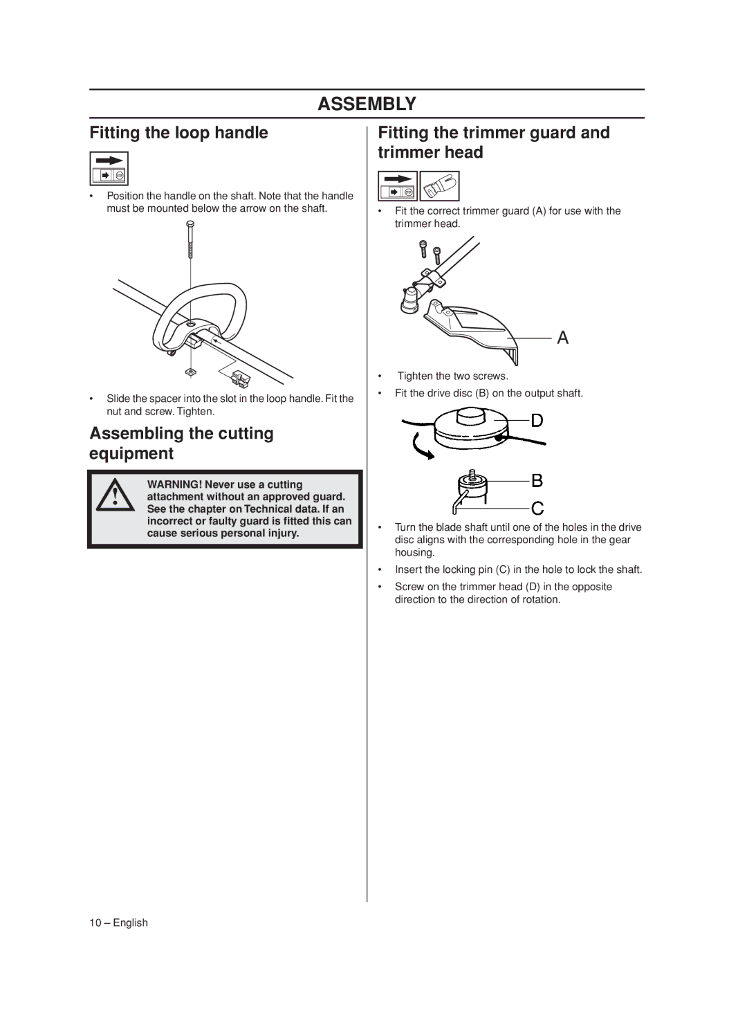 Husqvarna 426LST, 430LS manual Assembly, Fitting the loop handle, Assembling the cutting equipment 