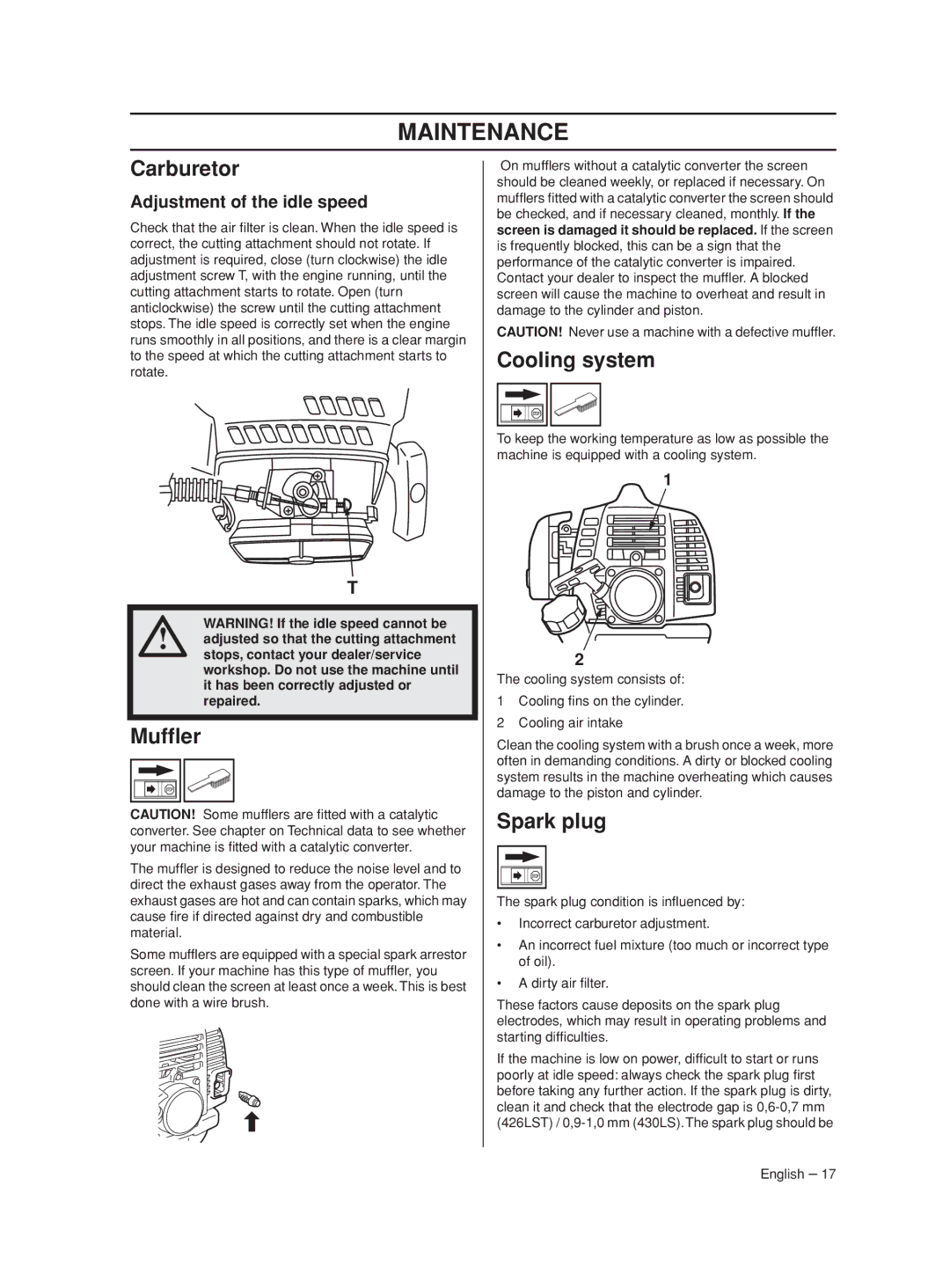 Husqvarna 430LS, 426LST manual Maintenance, Carburetor, Mufﬂer, Cooling system, Spark plug 