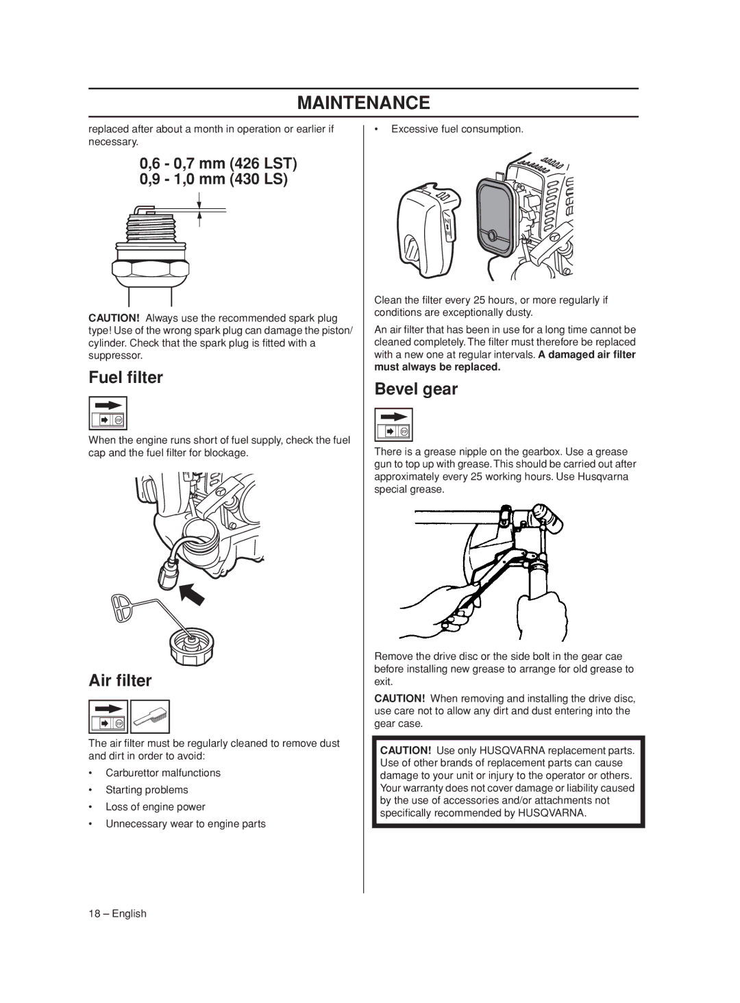 Husqvarna 426LST, 430LS manual Fuel ﬁlter, Air ﬁlter, Bevel gear, Must always be replaced 