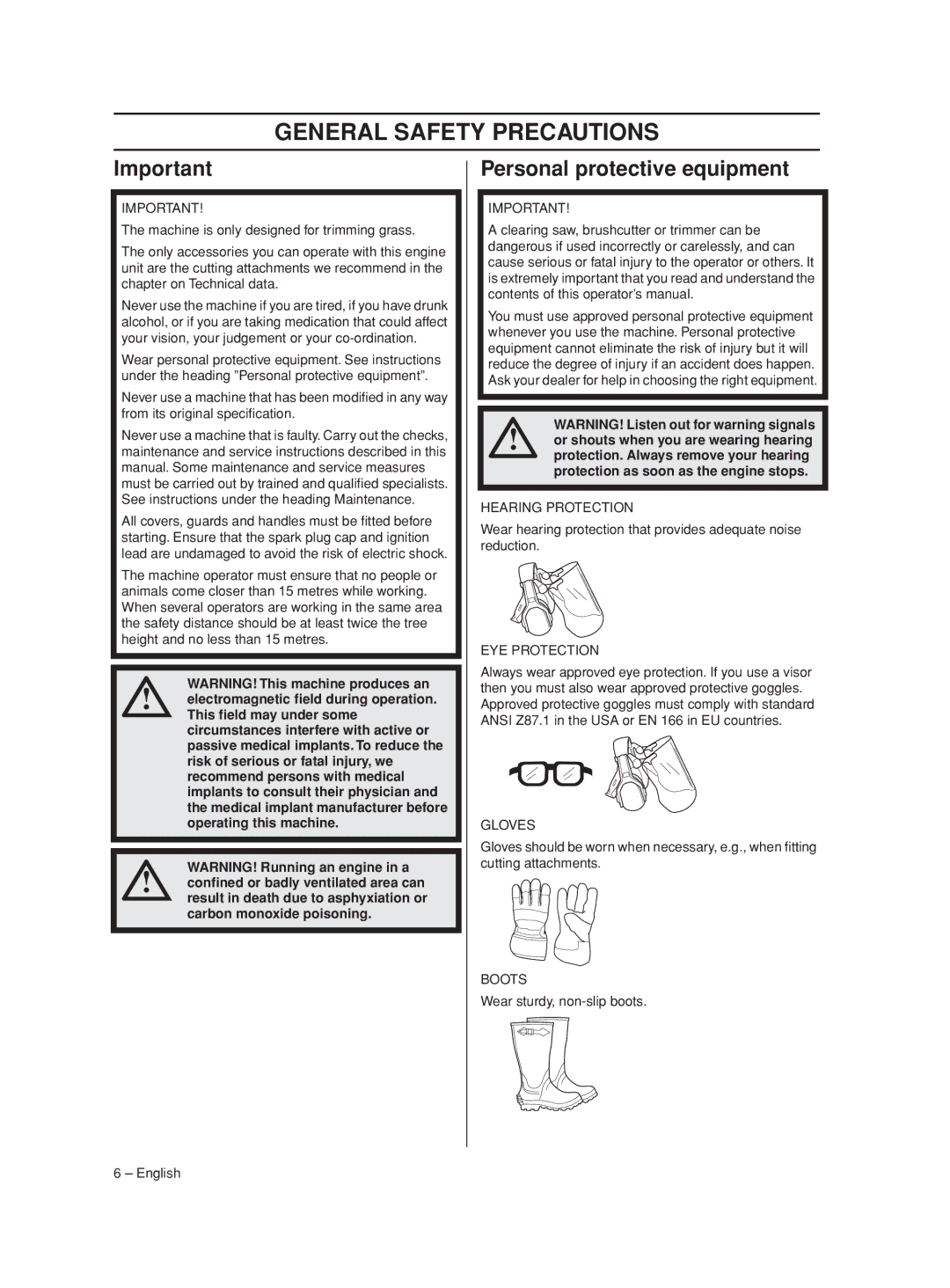 Husqvarna 426LST, 430LS manual General Safety Precautions, Personal protective equipment 