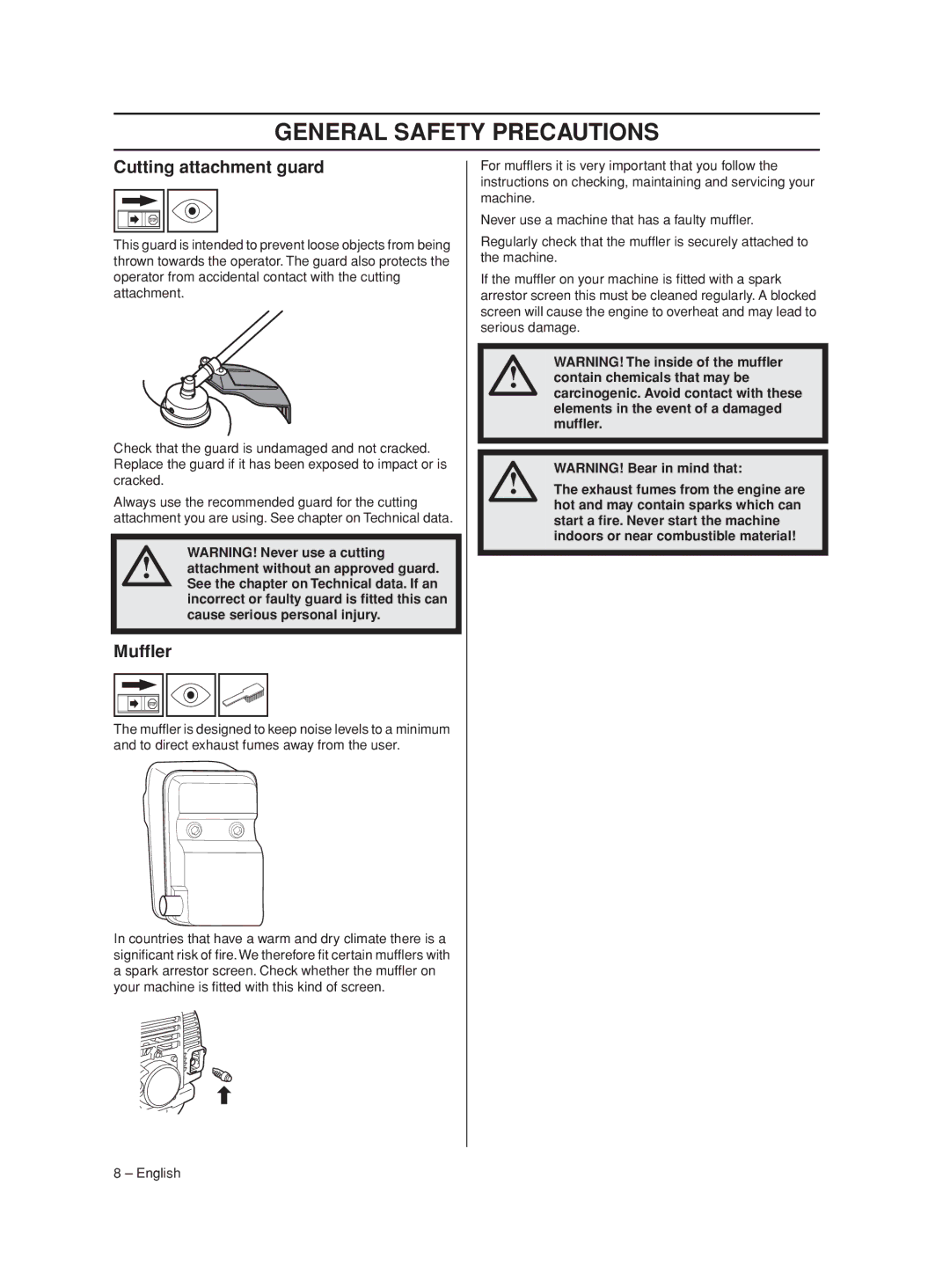 Husqvarna 426LST, 430LS manual Cutting attachment guard, Mufﬂer 