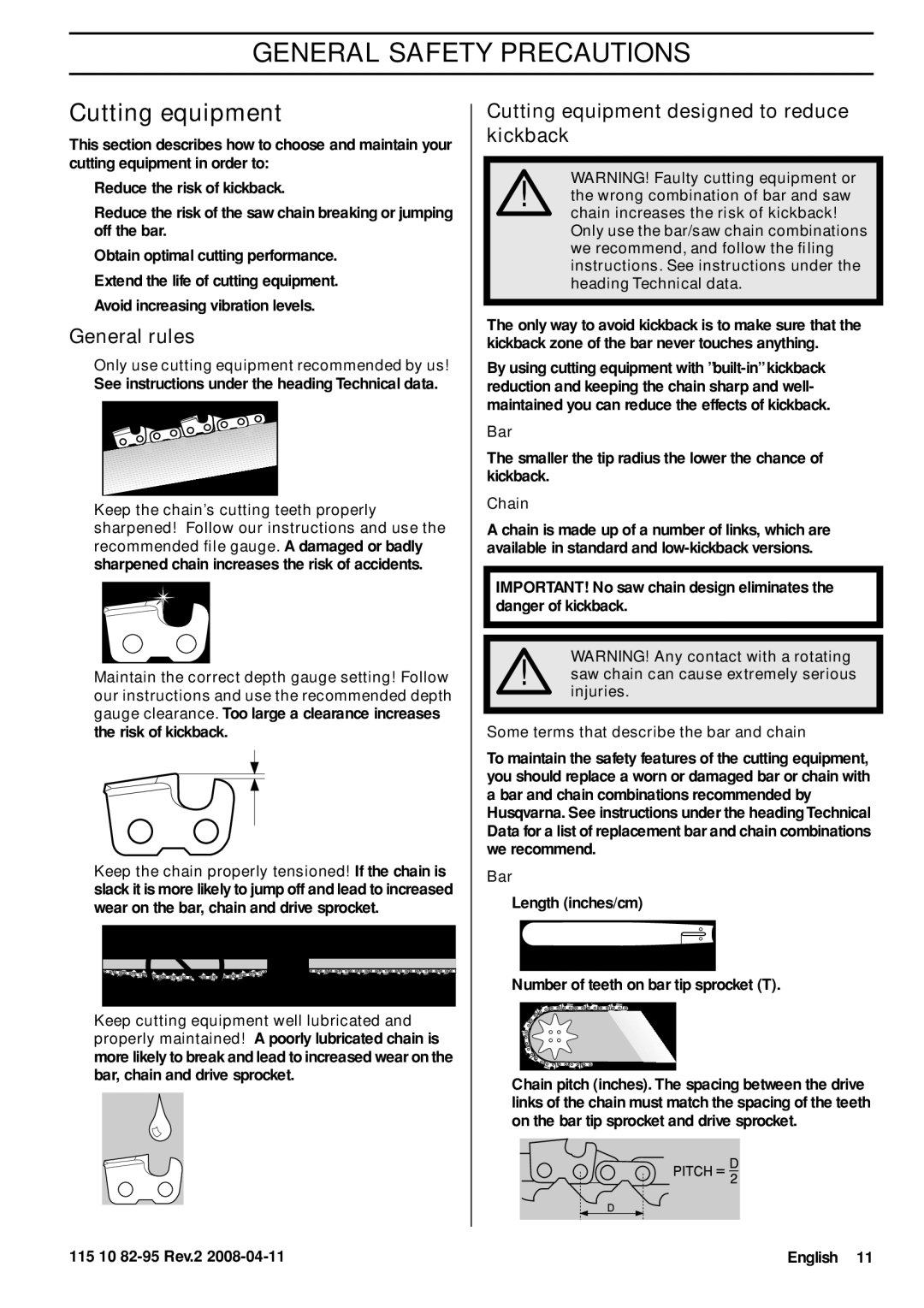 Husqvarna 435 manual General rules, Cutting equipment designed to reduce kickback, Bar, Chain 