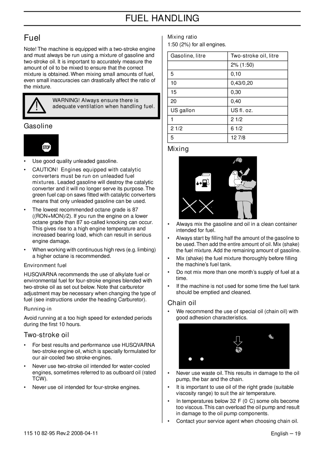 Husqvarna 435 manual Fuel Handling 