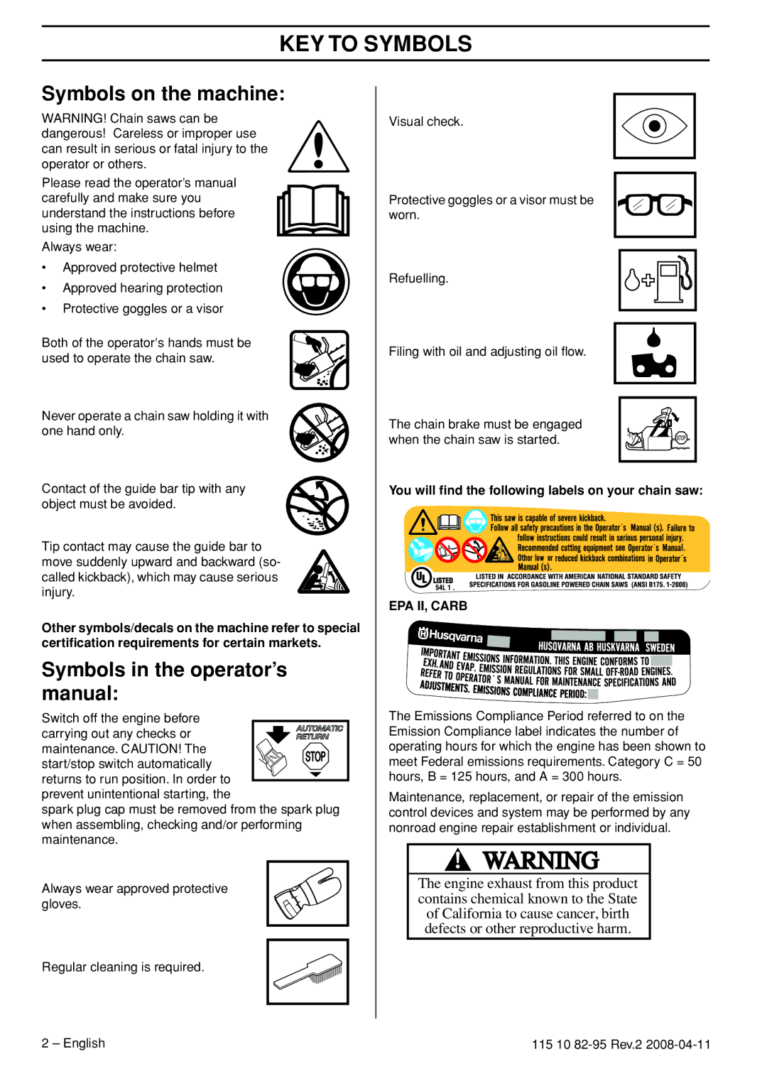 Husqvarna 435 KEY to Symbols, Symbols on the machine, Symbols in the operator’s manual 