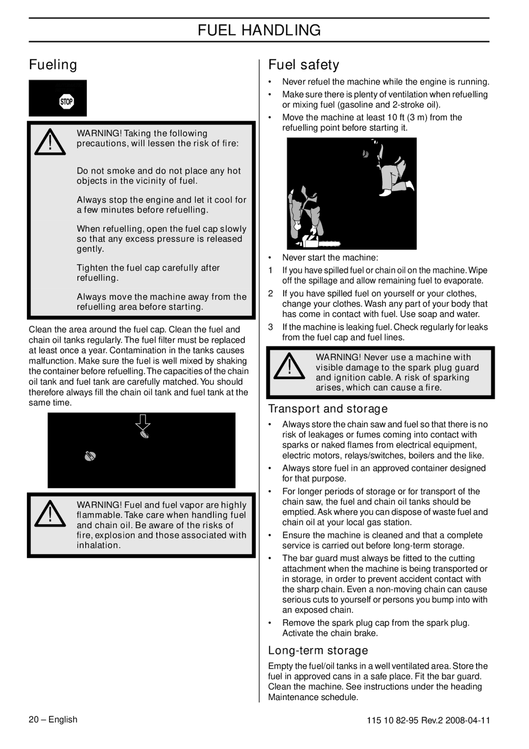 Husqvarna 435 manual Fueling, Fuel safety, Transport and storage, Long-term storage 