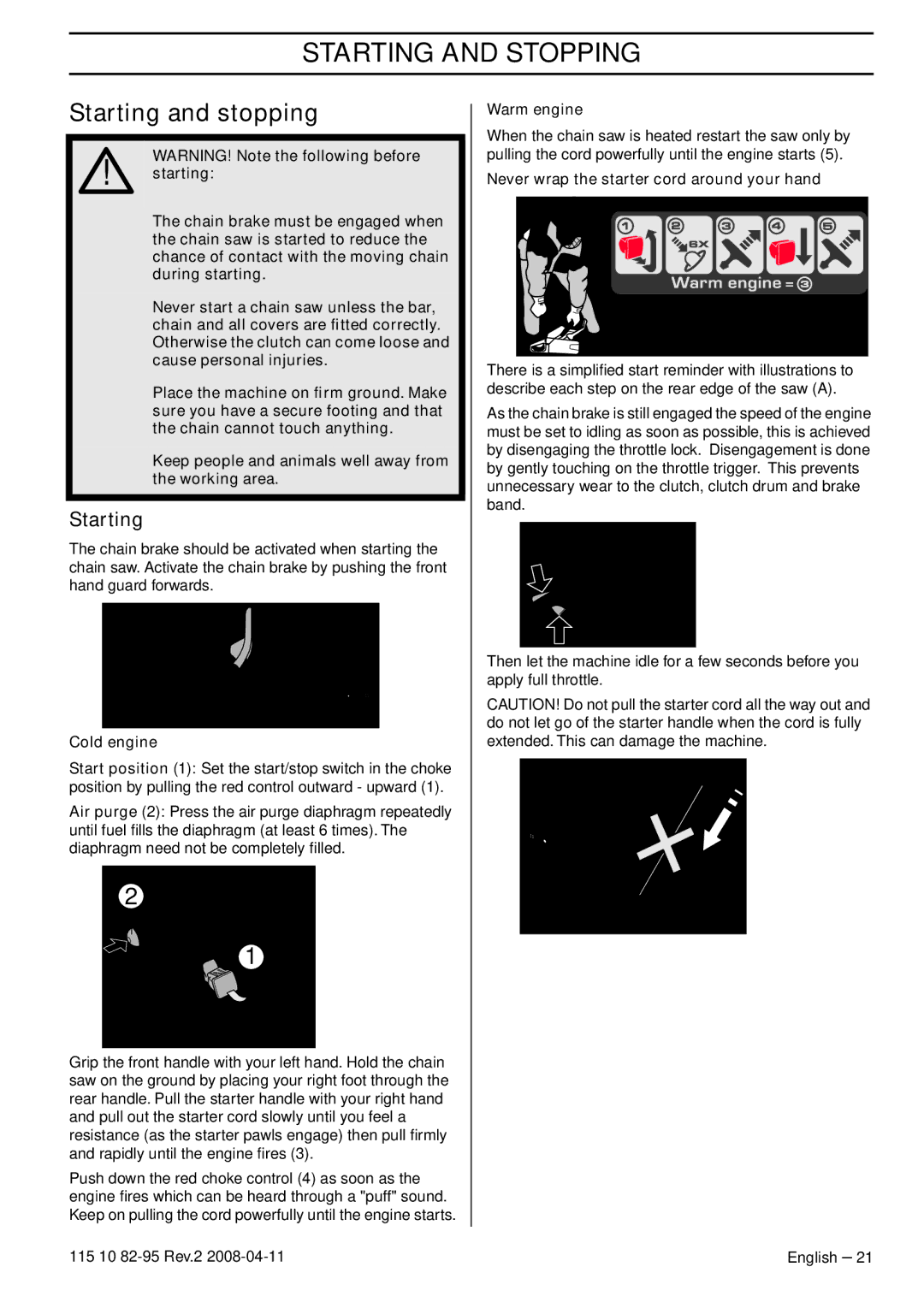 Husqvarna 435 manual Starting and Stopping, Starting and stopping 