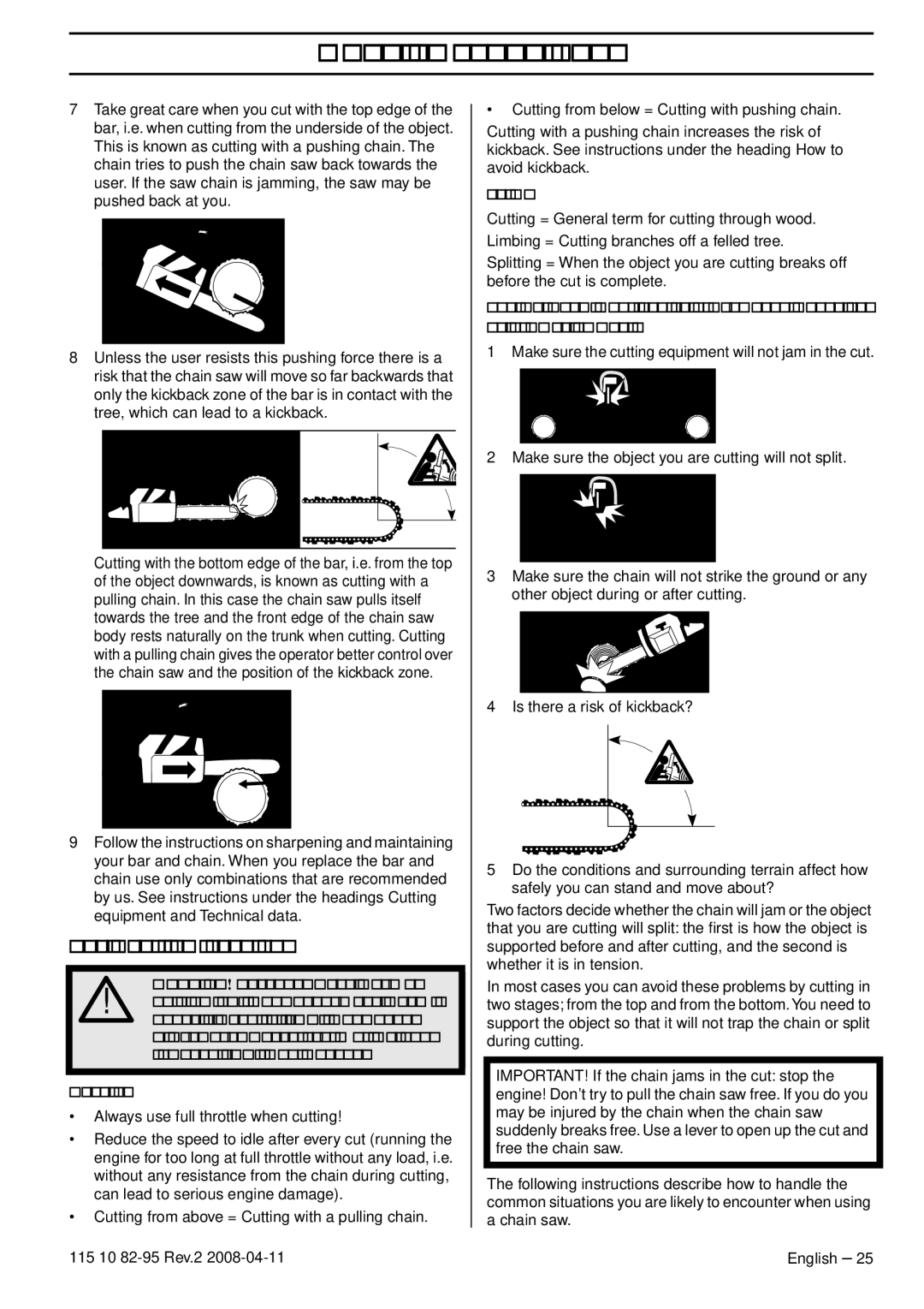 Husqvarna 435 manual Basic cutting technique, Terms 