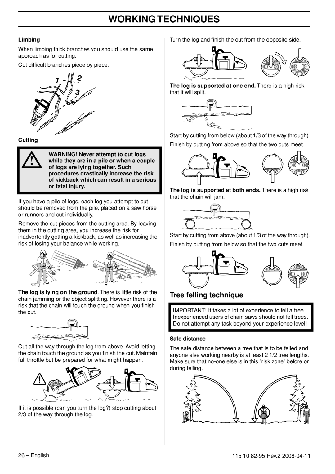 Husqvarna 435 manual Tree felling technique, Limbing, Log is supported at one end. There is a high risk, Safe distance 