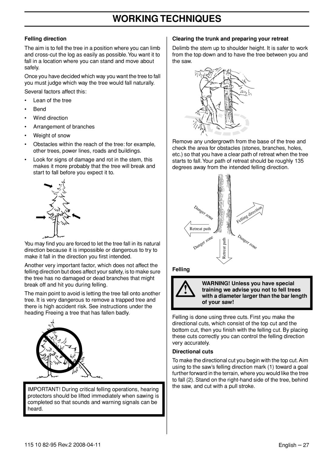 Husqvarna 435 manual Felling direction, Clearing the trunk and preparing your retreat, Directional cuts 