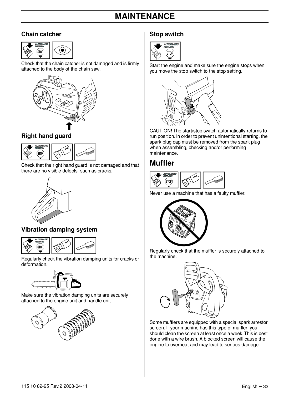 Husqvarna 435 manual Mufﬂer, Chain catcher 