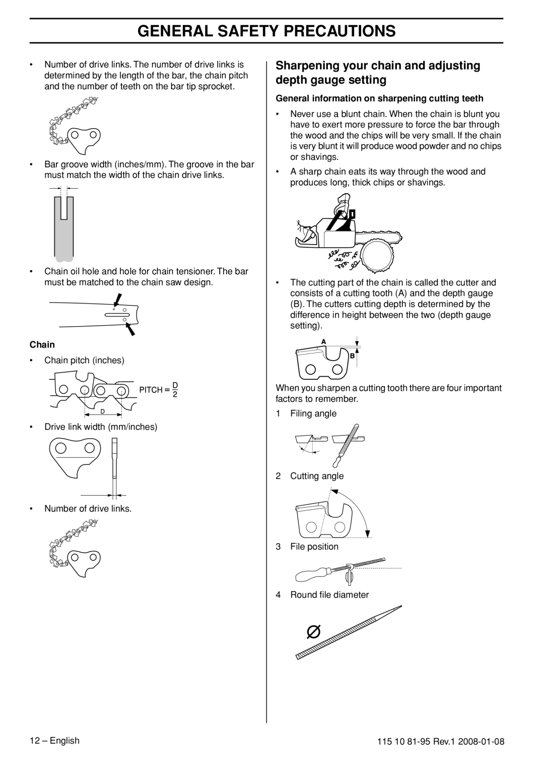 Husqvarna 435e Sharpening your chain and adjusting depth gauge setting, General information on sharpening cutting teeth 