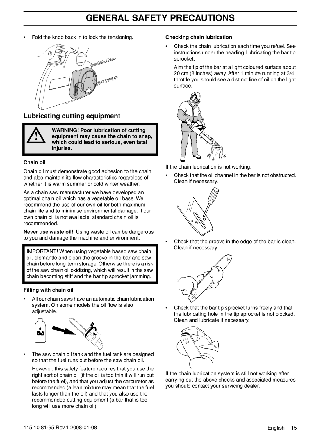 Husqvarna 440e, 435e manual Lubricating cutting equipment, Filling with chain oil, Checking chain lubrication 