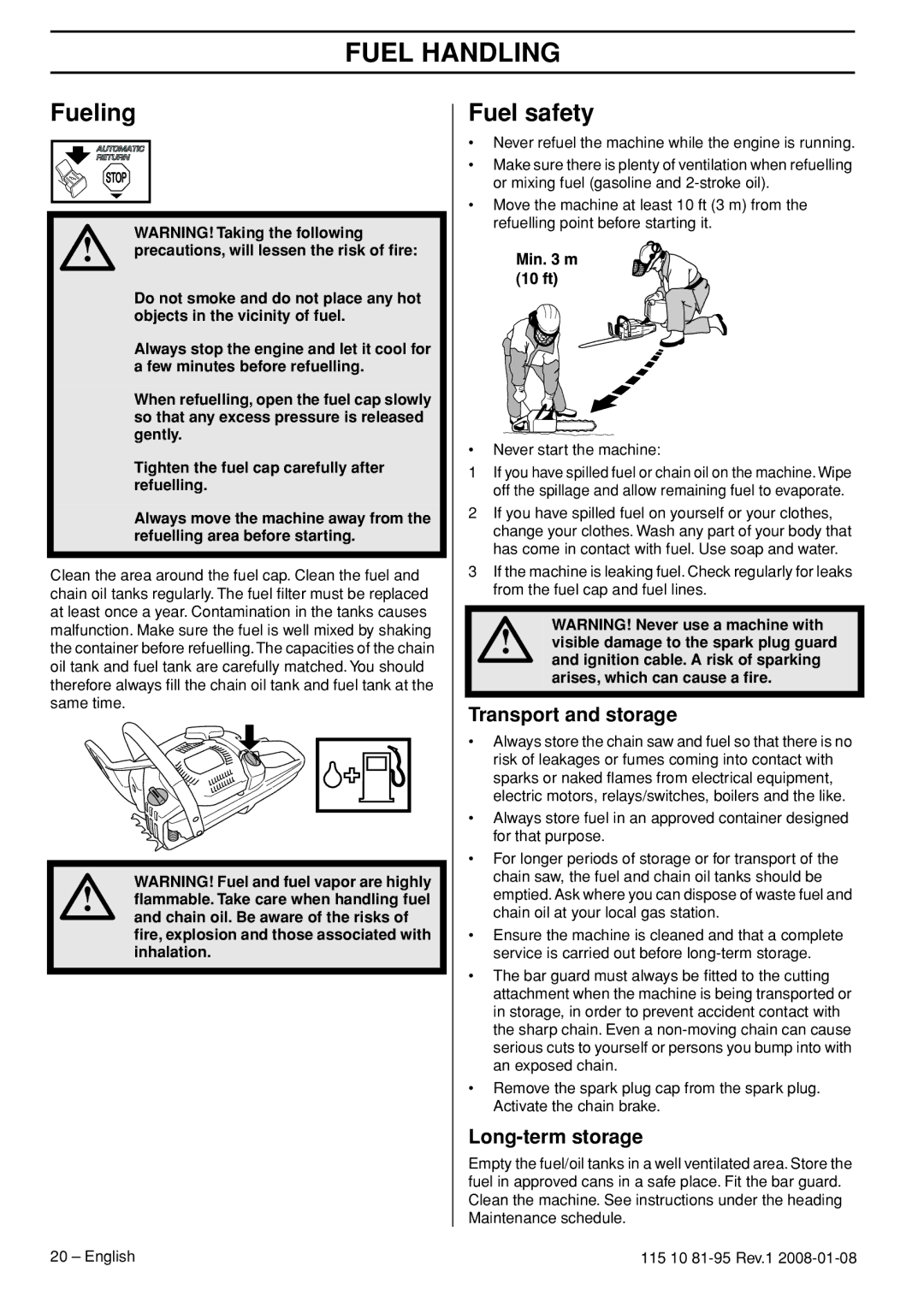 Husqvarna 435e, 440e manual Fueling, Fuel safety, Transport and storage, Long-term storage 