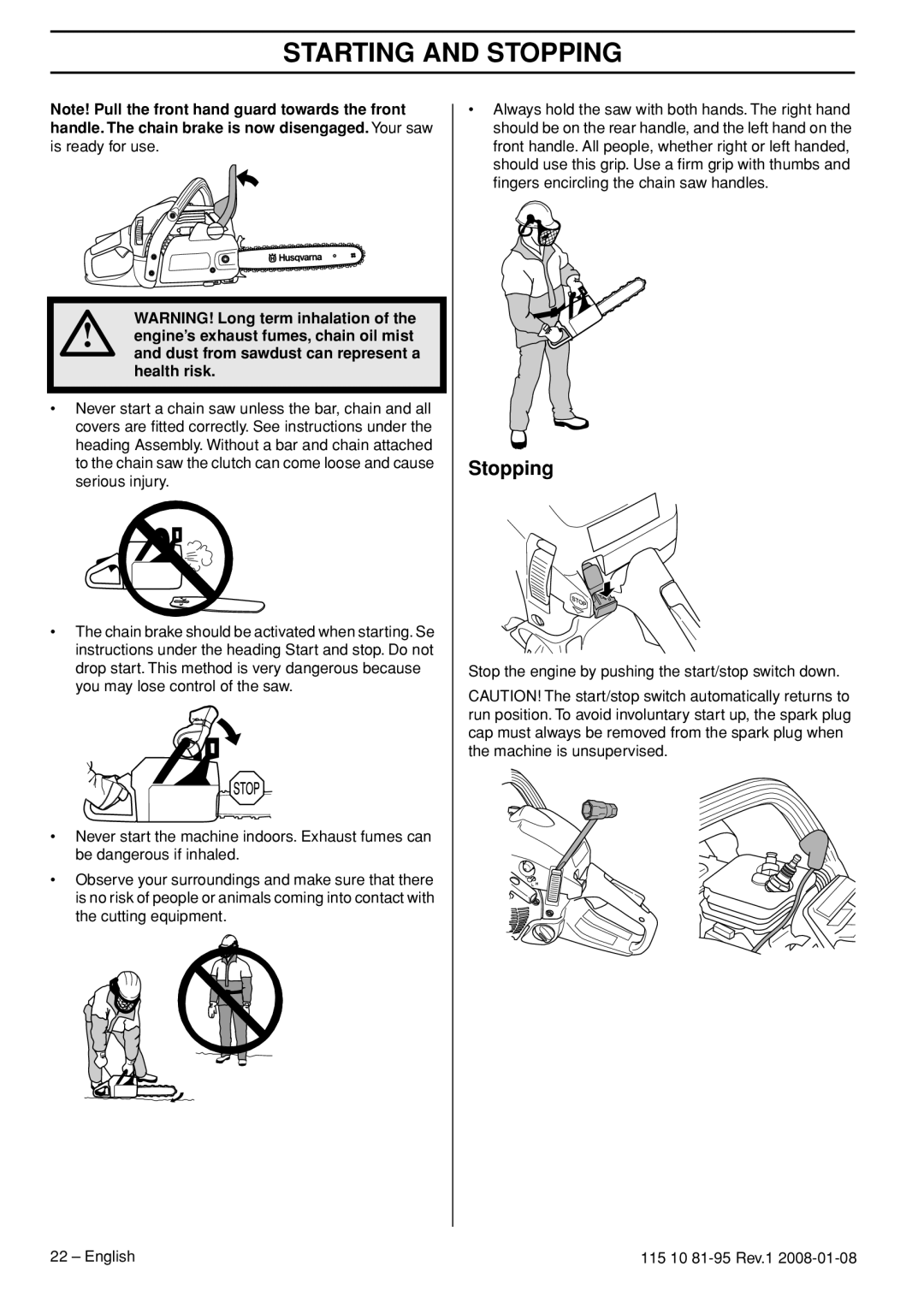 Husqvarna 435e, 440e manual Stopping 