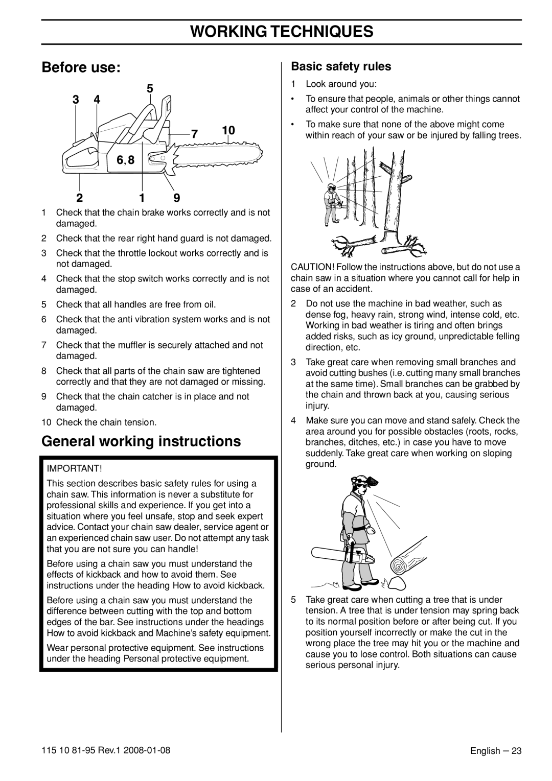 Husqvarna 440e, 435e manual Working Techniques, Before use, General working instructions, Basic safety rules 