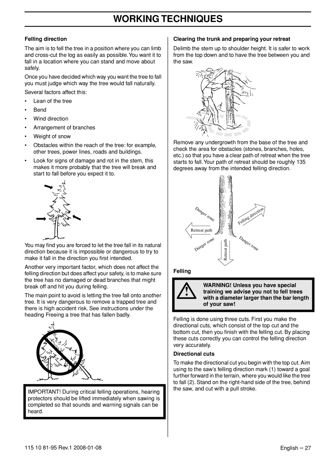 Husqvarna 440e, 435e manual Felling direction, Clearing the trunk and preparing your retreat, Directional cuts 