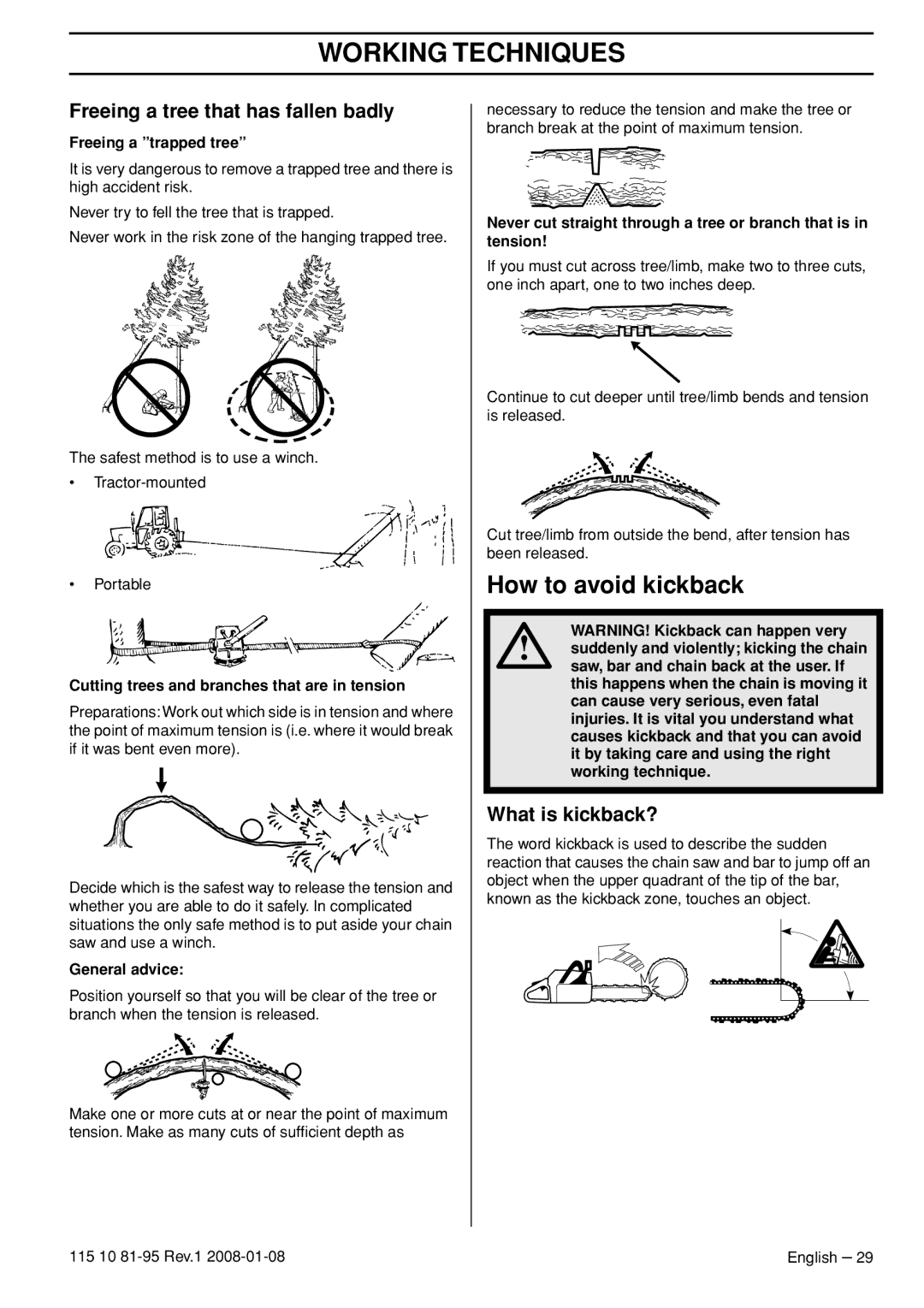 Husqvarna 440e, 435e manual How to avoid kickback, Freeing a tree that has fallen badly, What is kickback? 