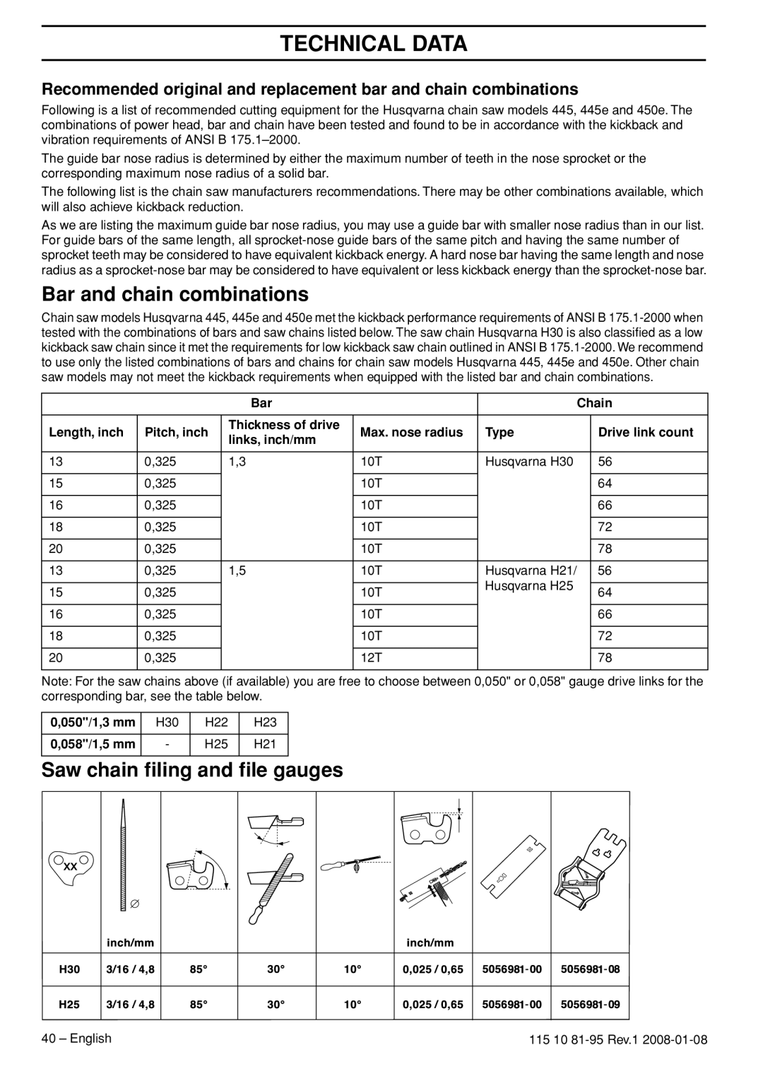 Husqvarna 435e, 440e manual Bar and chain combinations, Saw chain ﬁling and ﬁle gauges, 050/1,3 mm, 058/1,5 mm 