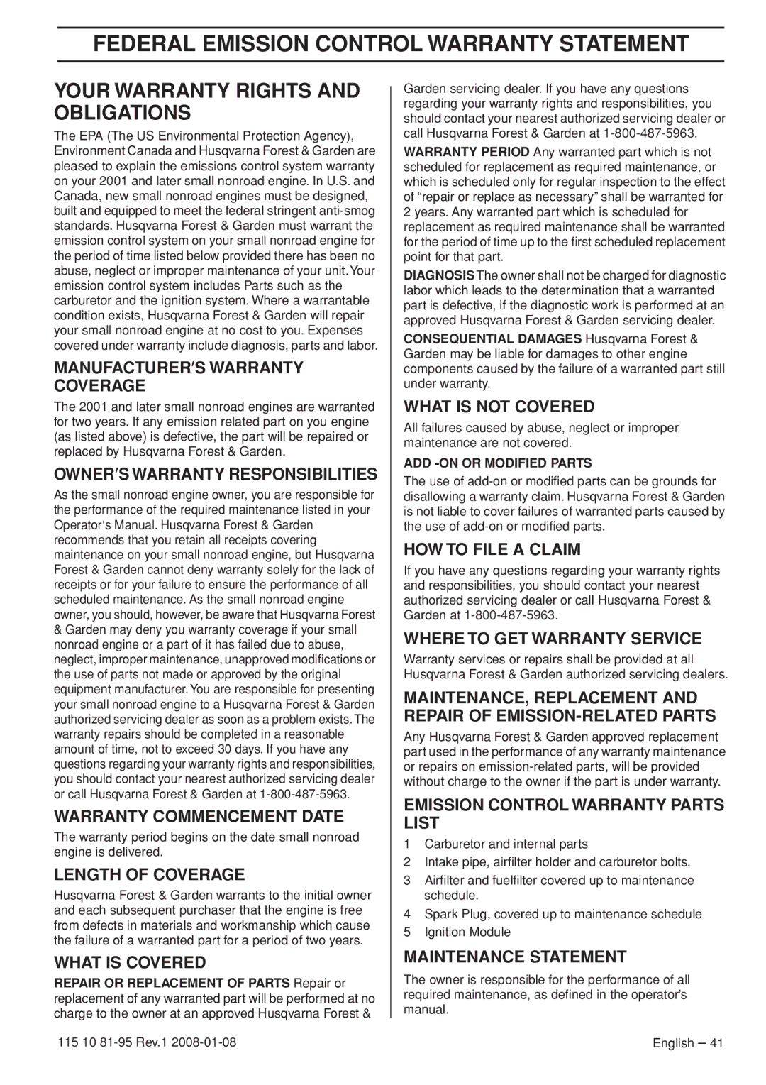 Husqvarna 440e, 435e manual Federal Emission Control Warranty Statement, Your Warranty Rights and Obligations 