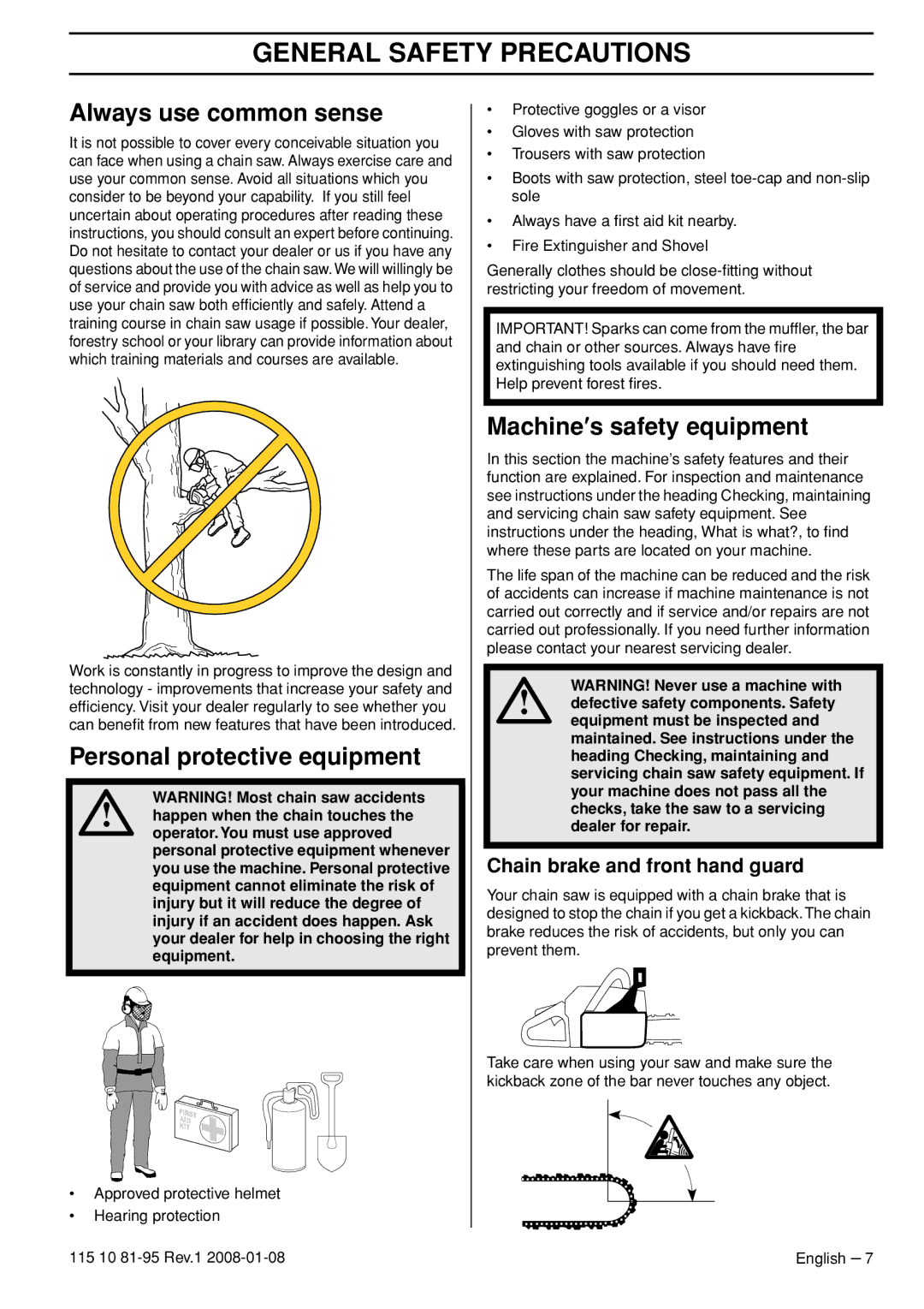 Husqvarna 440e, 435e manual Always use common sense, Personal protective equipment, Machine′s safety equipment 