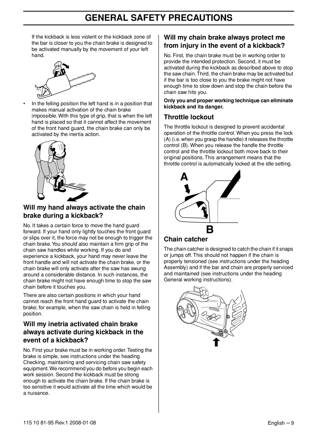 Husqvarna 440e, 435e manual Throttle lockout, Chain catcher 