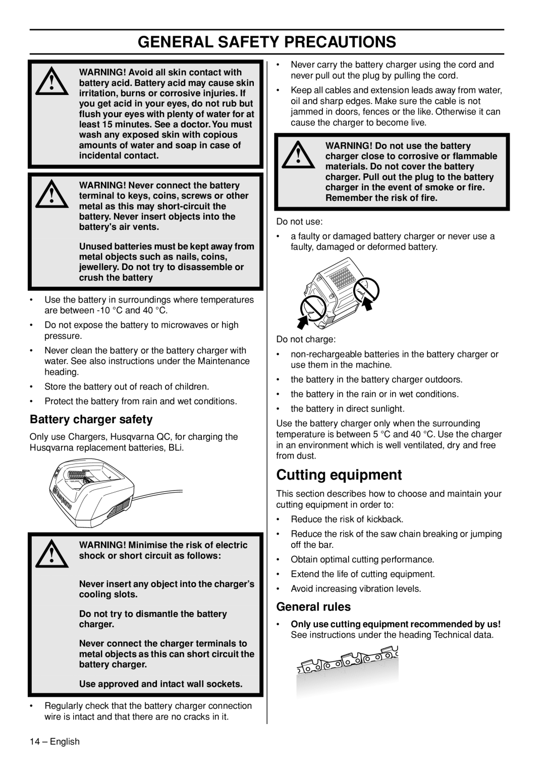 Husqvarna 436 LI, 536 LIXP manual Cutting equipment, Battery charger safety, General rules 
