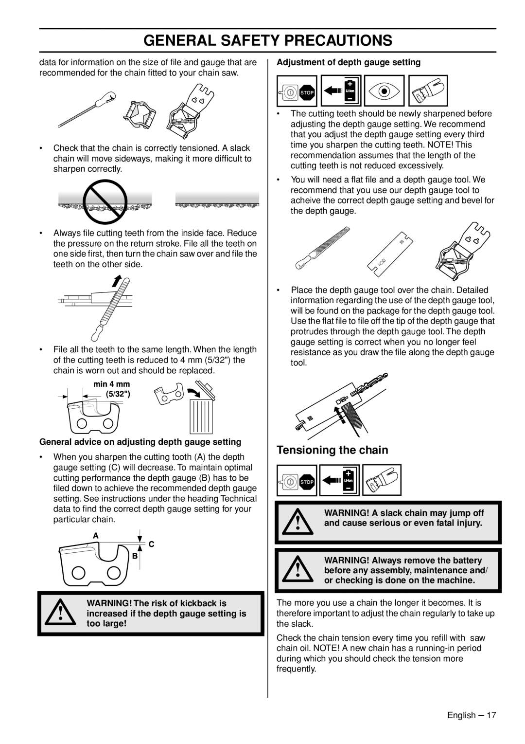 Husqvarna 536 LIXP, 436 LI manual Tensioning the chain, General advice on adjusting depth gauge setting, Too large 