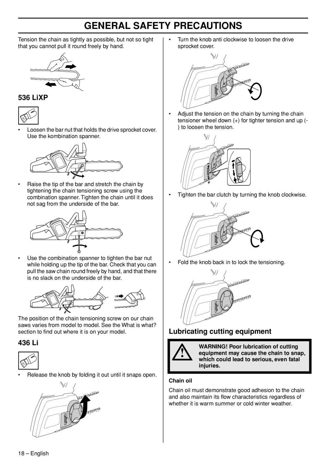 Husqvarna 436 LI, 536 LIXP manual LiXP, 436 Li, Lubricating cutting equipment 