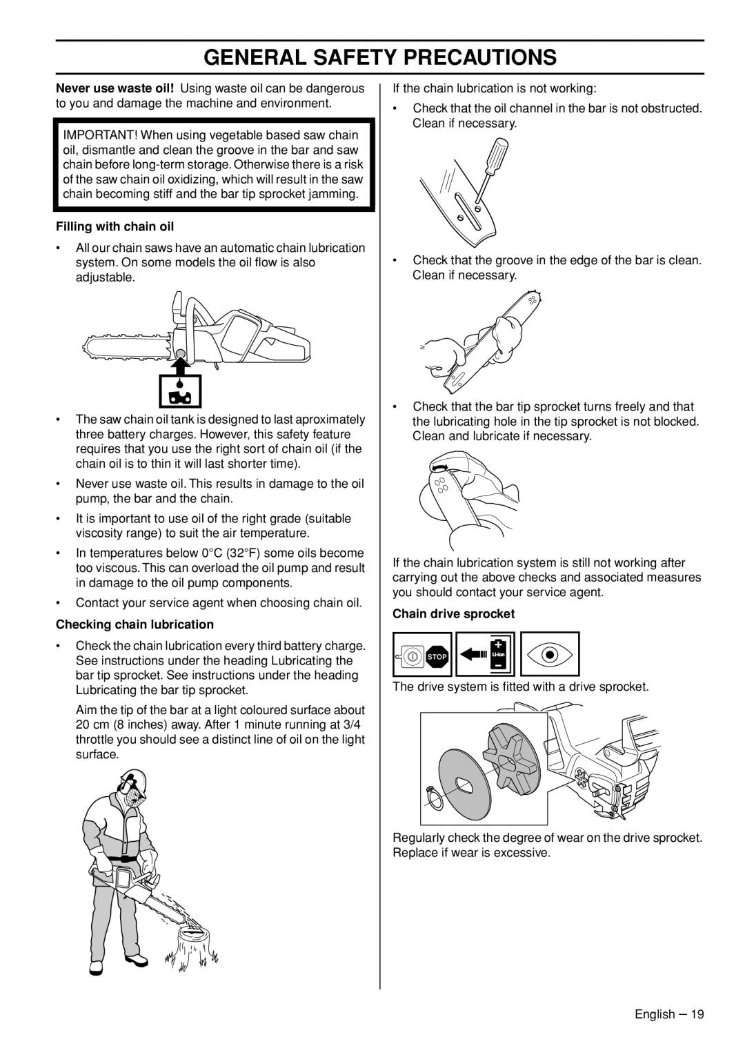 Husqvarna 536 LIXP, 436 LI manual Filling with chain oil, Checking chain lubrication, Chain drive sprocket 