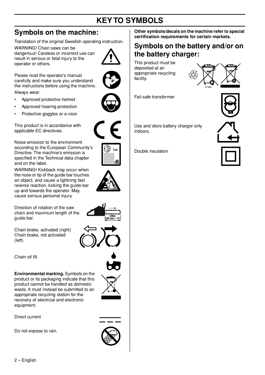 Husqvarna 436 LI, 536 LIXP KEY to Symbols, Symbols on the machine, Symbols on the battery and/or on the battery charger 