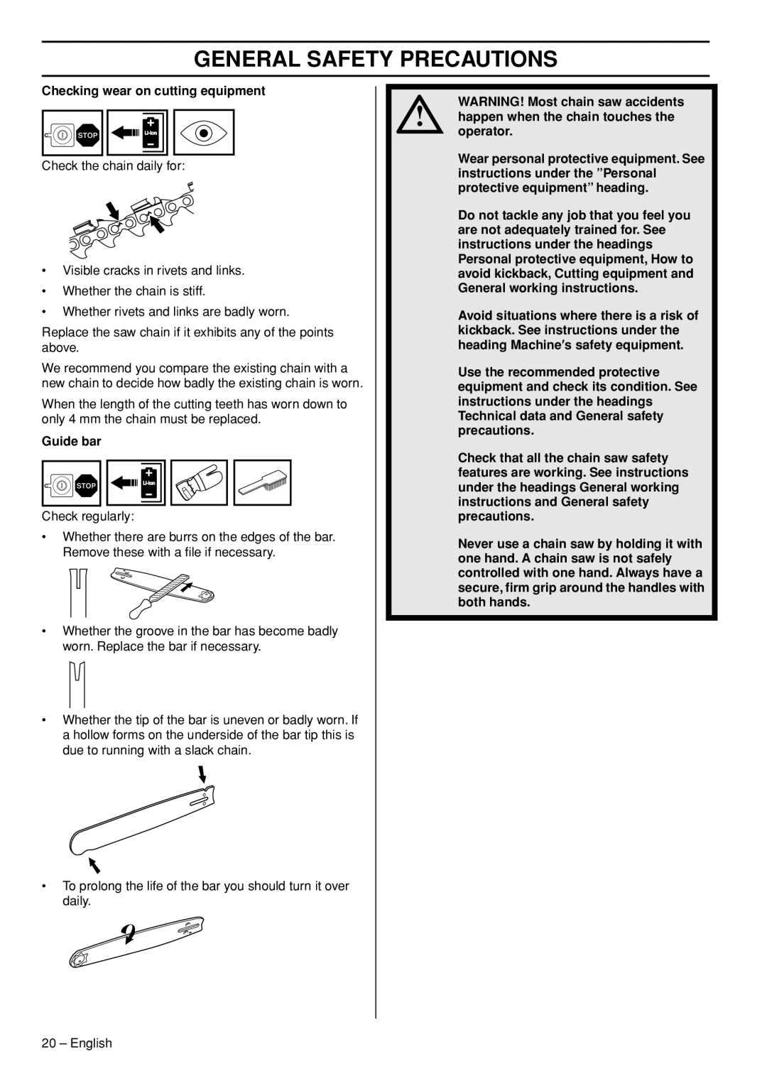 Husqvarna 436 LI, 536 LIXP manual Checking wear on cutting equipment, Guide bar 