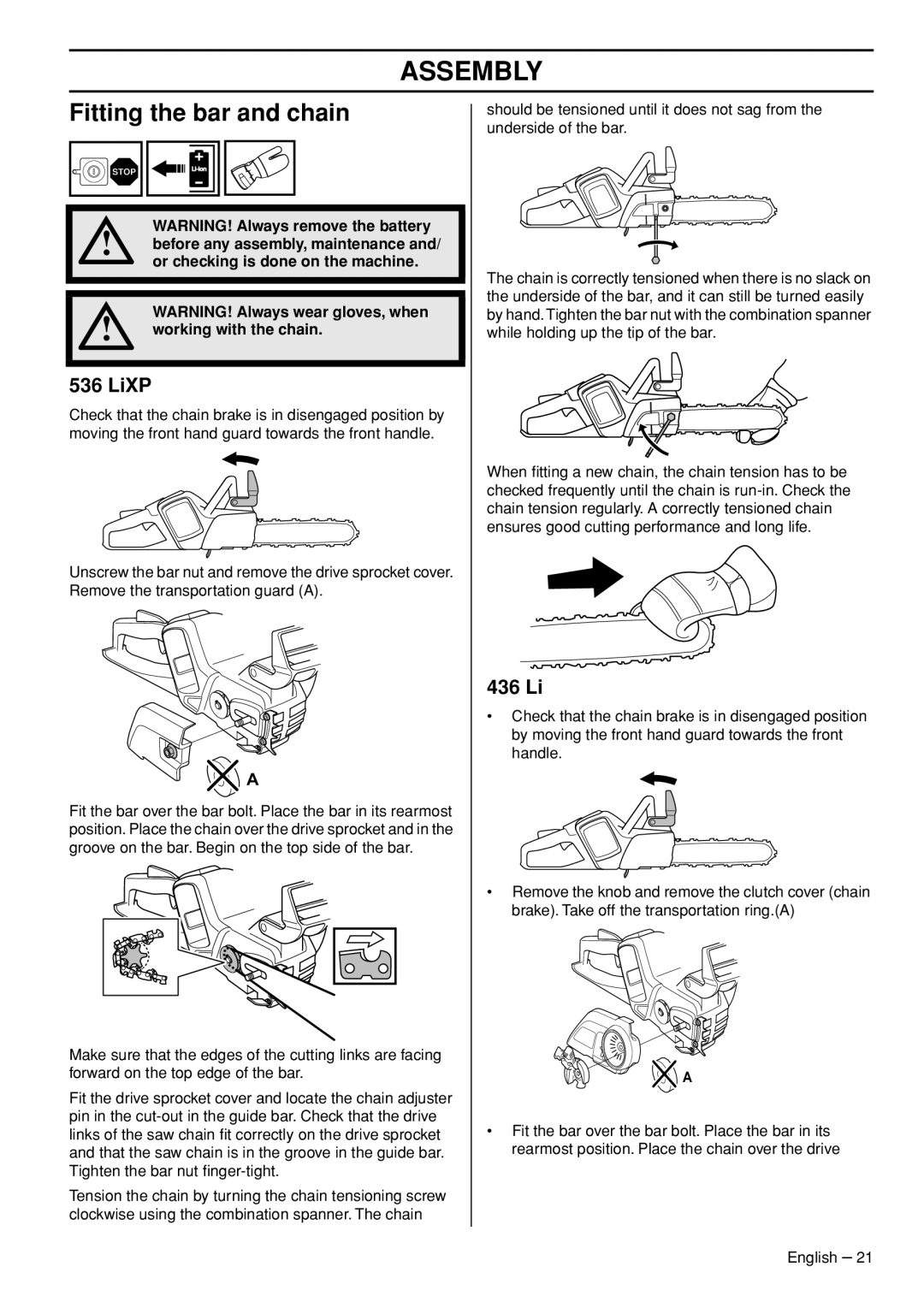 Husqvarna 536 LIXP, 436 LI manual Assembly, Fitting the bar and chain, Working with the chain 