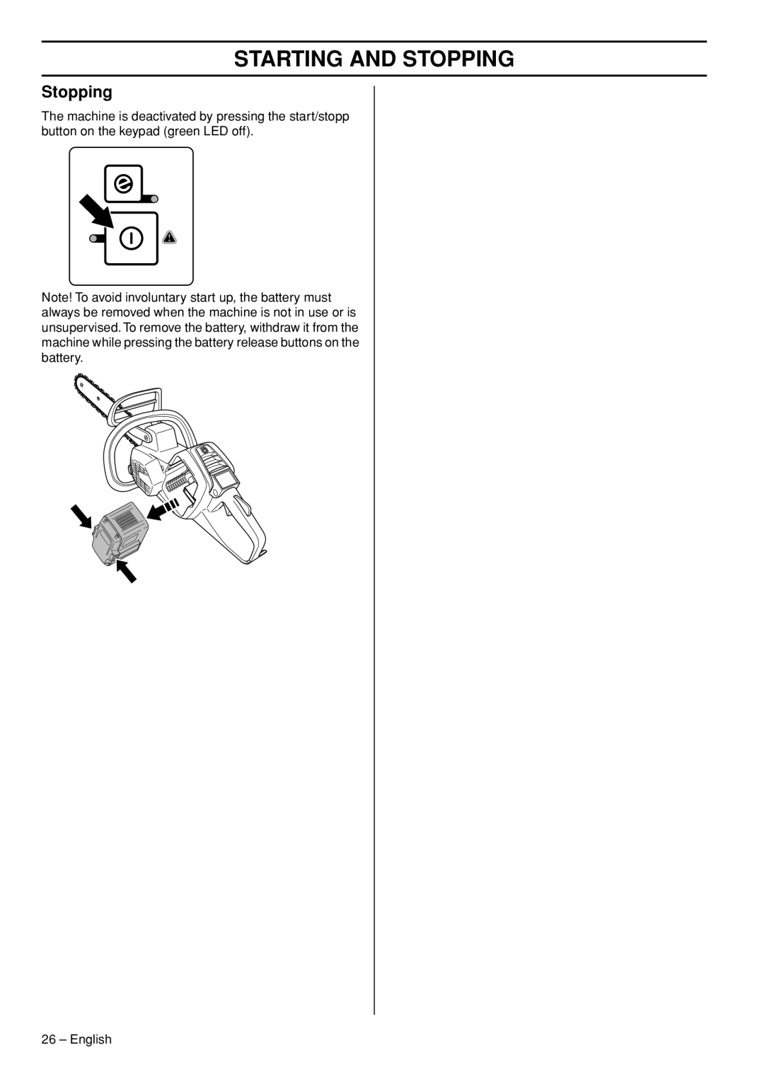 Husqvarna 436 LI, 536 LIXP manual Stopping 