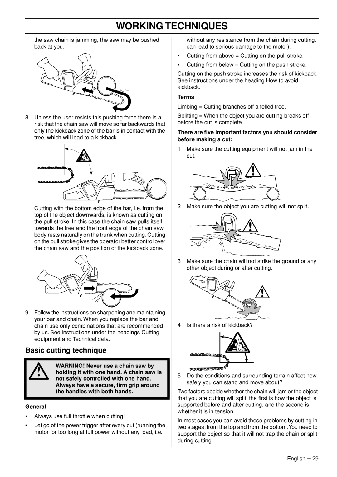 Husqvarna 536 LIXP Basic cutting technique, Not safely controlled with one hand, Handles with both hands, General, Terms 