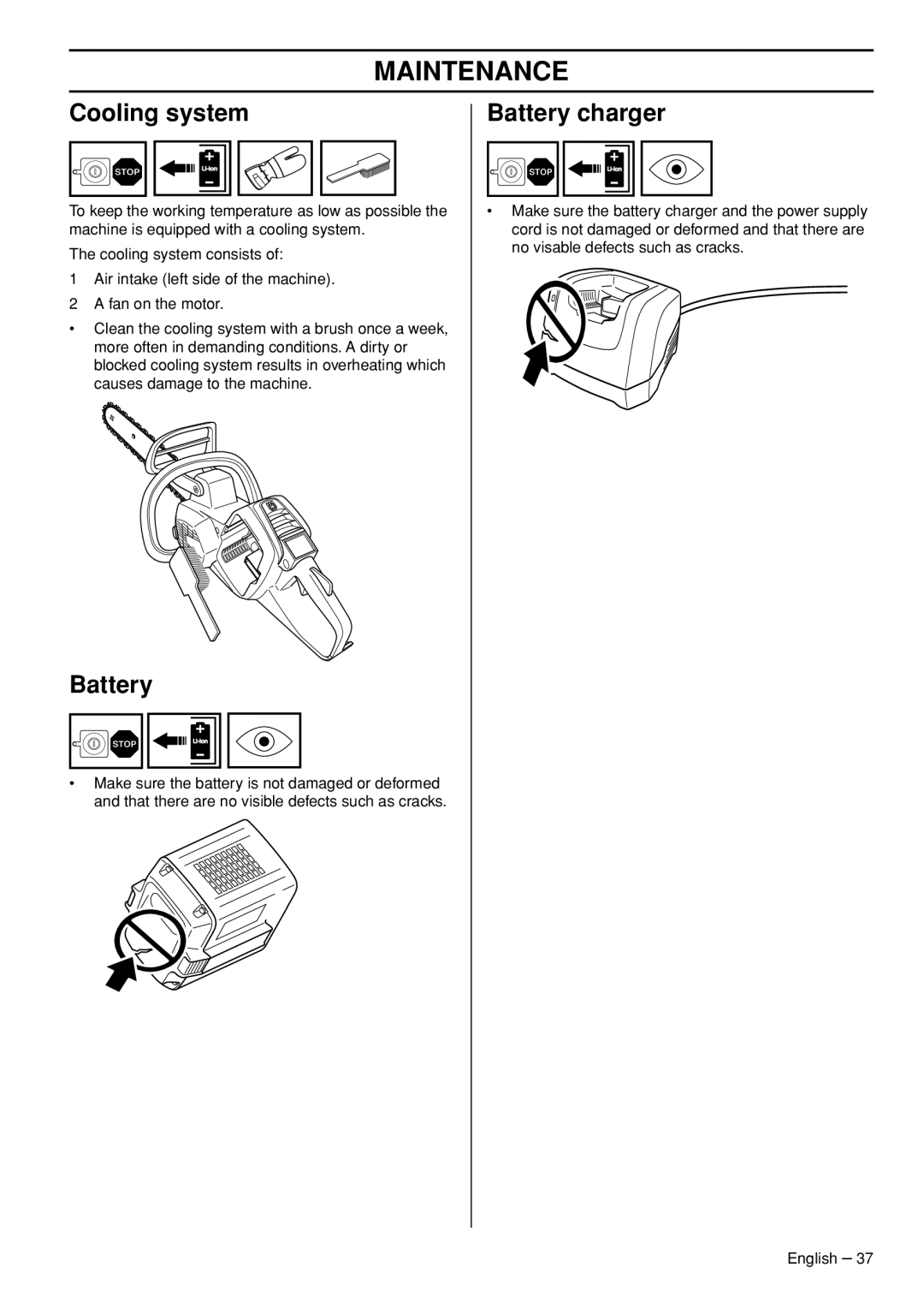 Husqvarna 536 LIXP, 436 LI manual Cooling system, Battery 