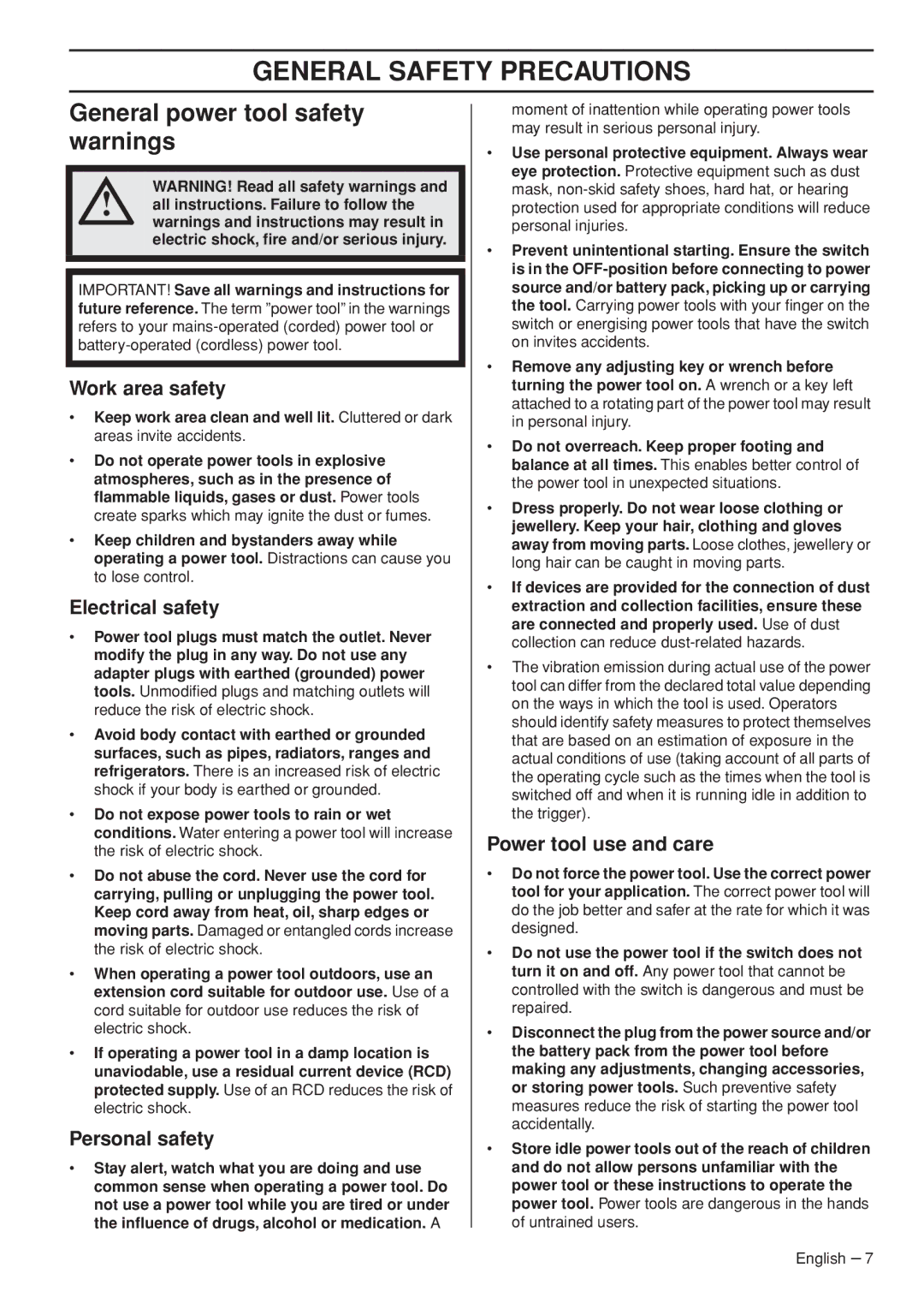 Husqvarna 536 LIXP, 436 LI manual General Safety Precautions, General power tool safety warnings 