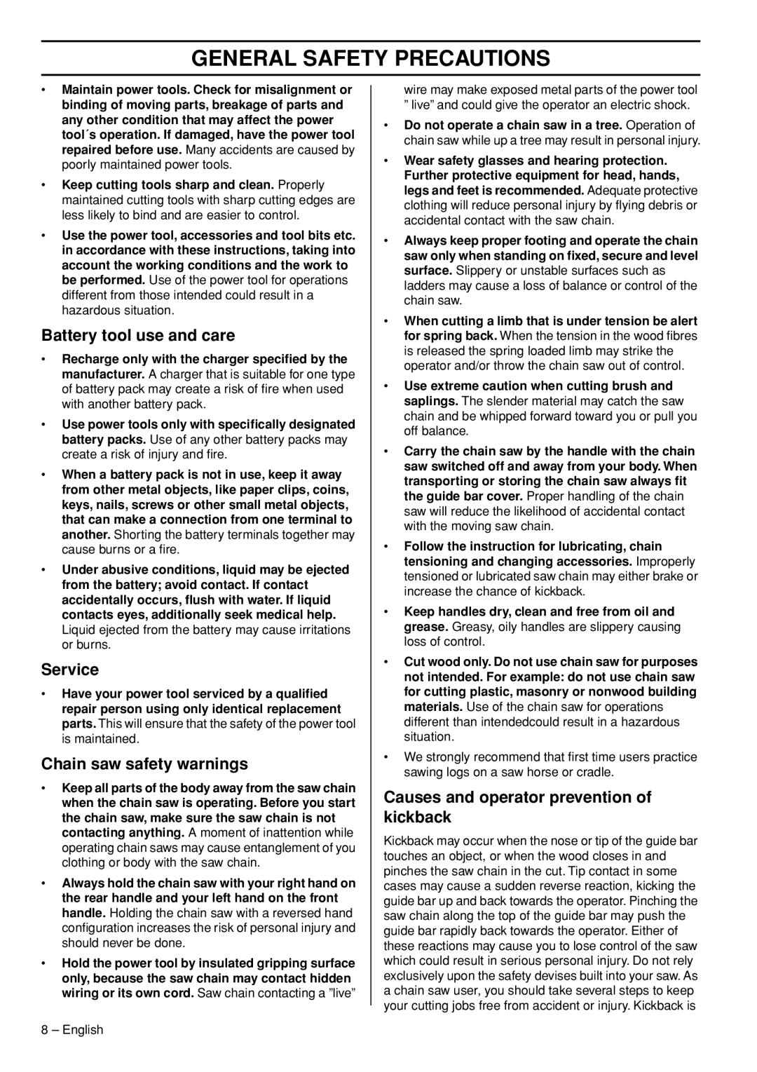 Husqvarna 436 LI Battery tool use and care, Service, Chain saw safety warnings, Causes and operator prevention of kickback 