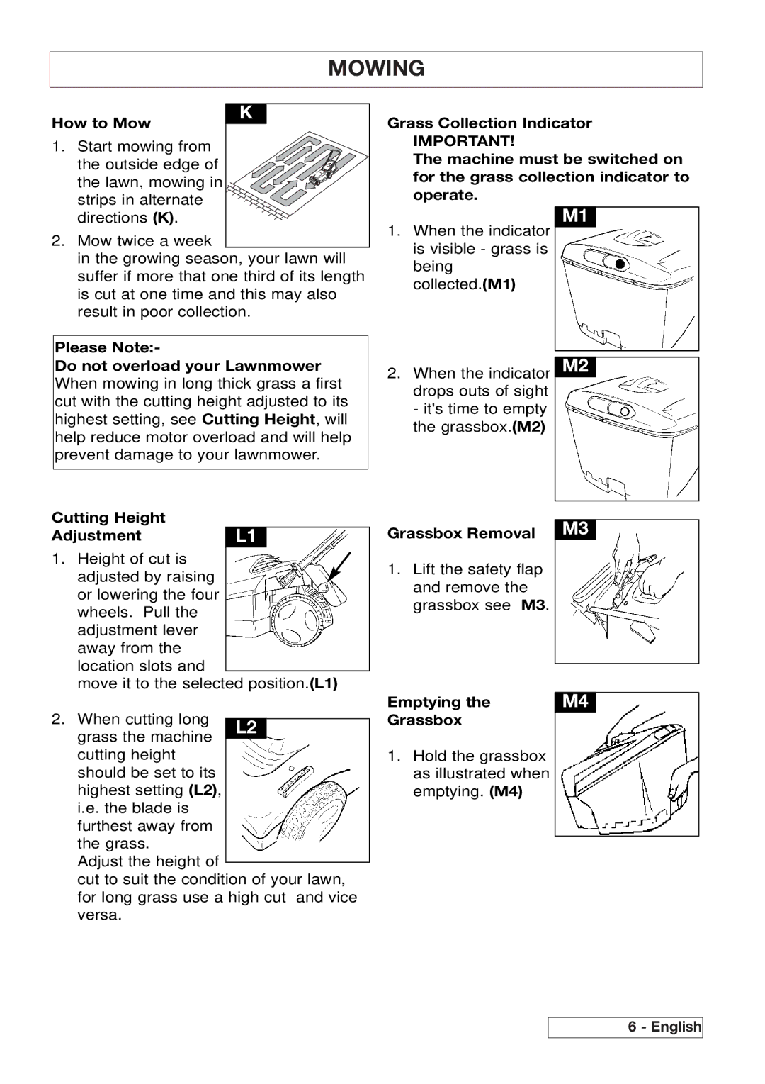 Husqvarna 43EL/43ELS manual Mowing, How to Mow Grass Collection Indicator, Cutting Height AdjustmentL1, Grassbox Removal M3 