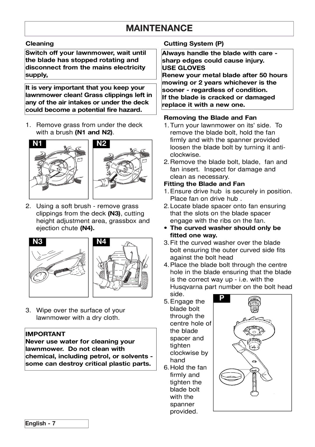 Husqvarna 43EL/43ELS manual Maintenance, USE Gloves, Fitting the Blade and Fan, Curved washer should only be fitted one way 