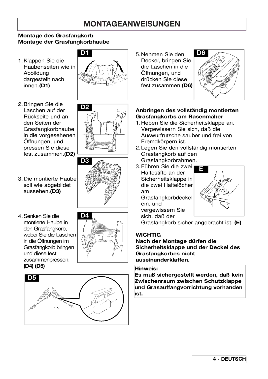 Husqvarna 43EL/43ELS manual Montage des Grasfangkorb Montage der Grasfangkorbhaube, D4 D5, Wichtig 