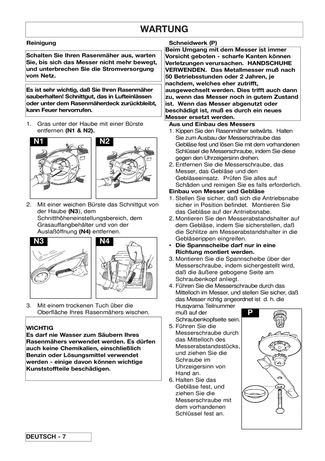 Husqvarna 43EL/43ELS Wartung, Einbau von Messer und Gebläse, Die Spannscheibe darf nur in eine Richtung montiert werden 