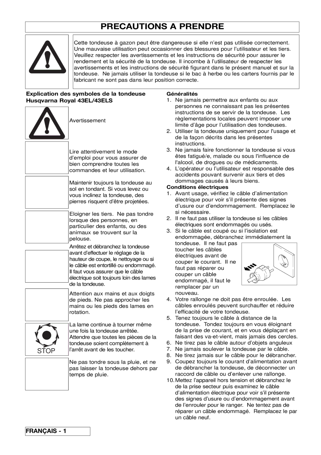 Husqvarna 43EL/43ELS manual Precautions a Prendre, Français 