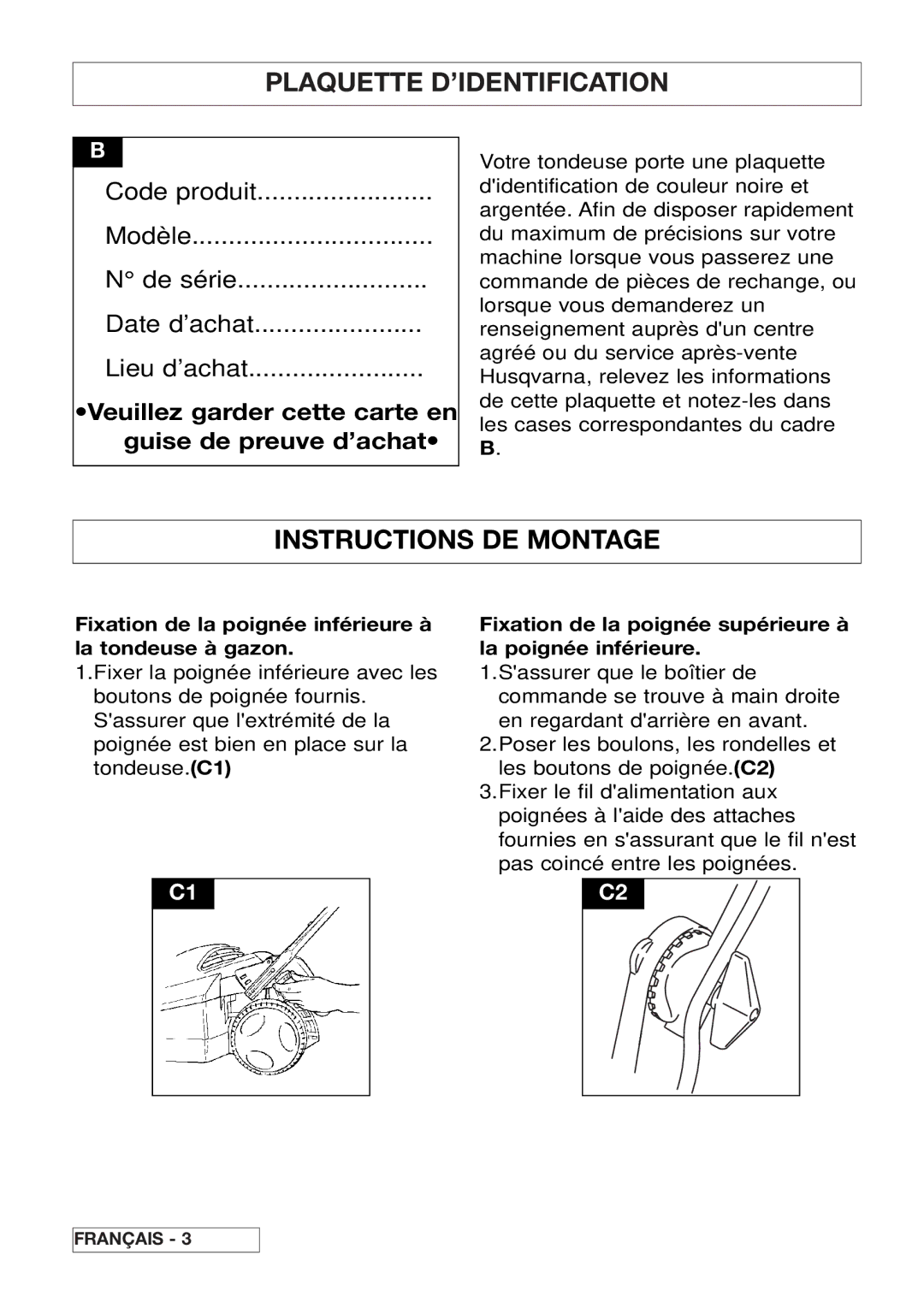 Husqvarna 43EL/43ELS manual Plaquette D’IDENTIFICATION, Instructions DE Montage 