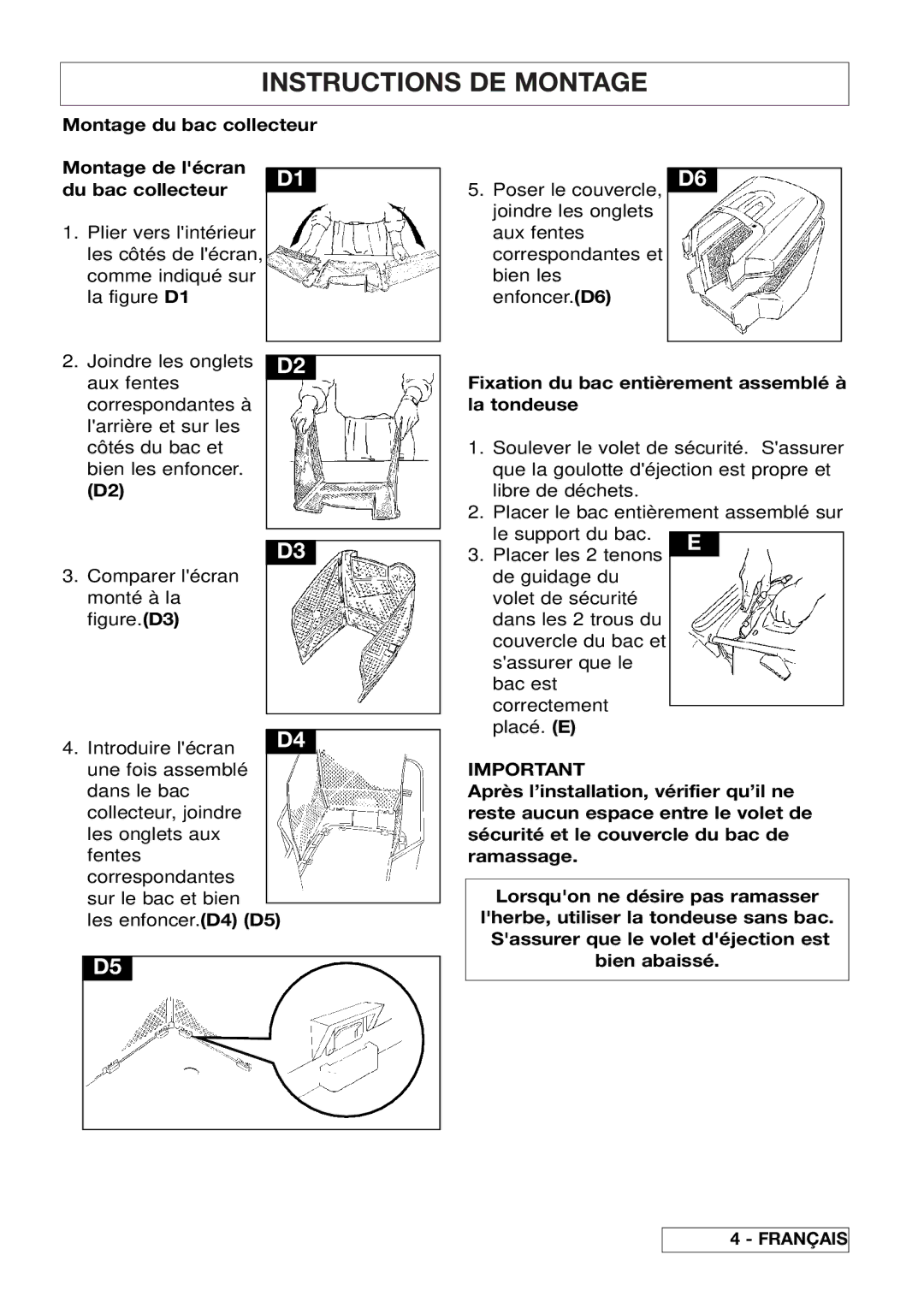 Husqvarna 43EL/43ELS manual Fixation du bac entièrement assemblé à la tondeuse 