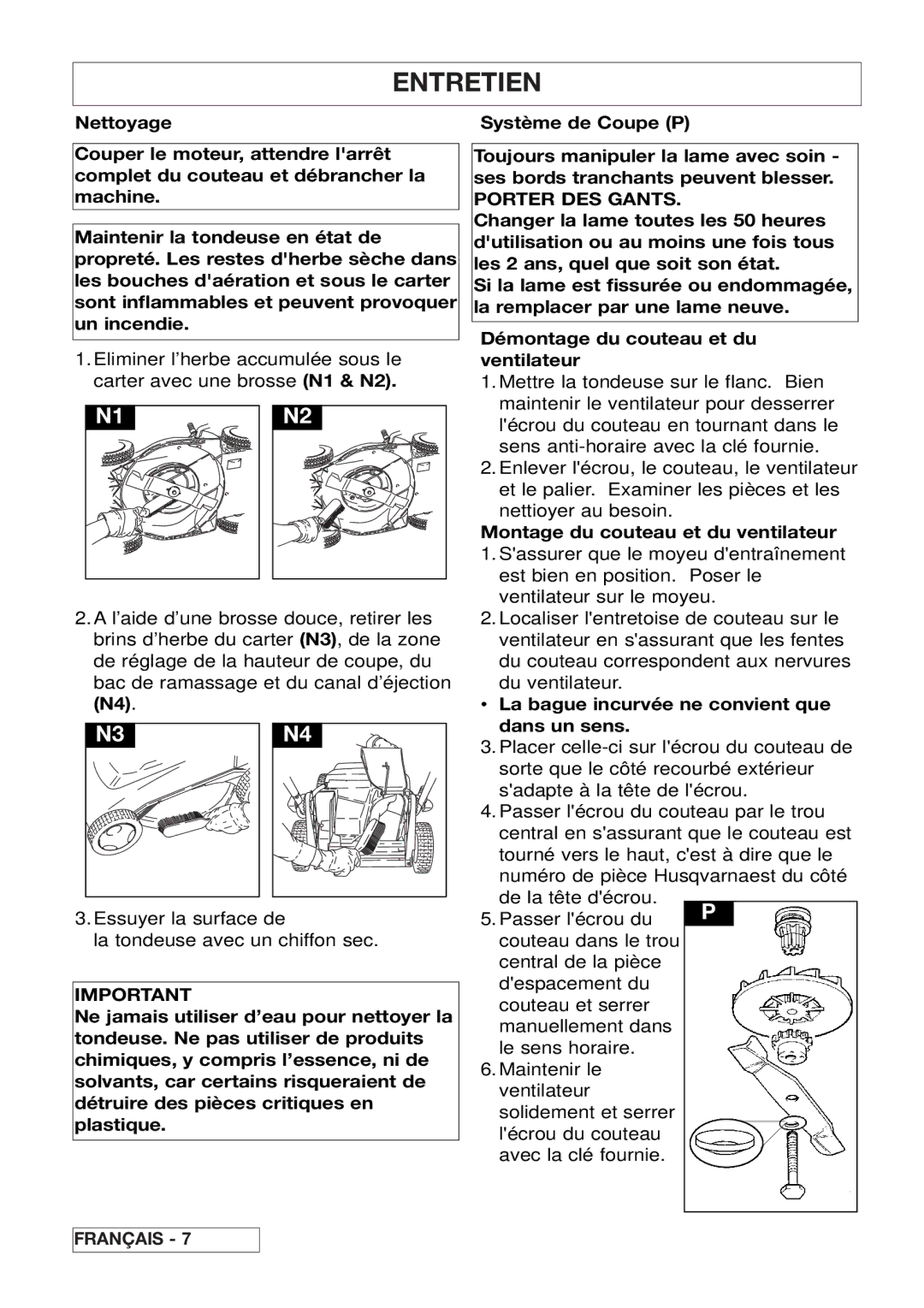 Husqvarna 43EL/43ELS Entretien, Porter DES Gants, Montage du couteau et du ventilateur, La bague incurvée ne convient que 