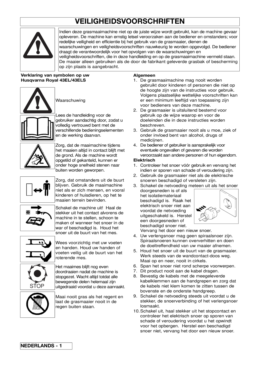 Husqvarna 43EL/43ELS manual Veiligheidsvoorschriften, Nederlands 